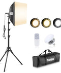 Softbox Lighting Kit 16x16 with 85W LED, remote, and bag; adjustable color temp 3000K to 7500K; setup and accessories shown