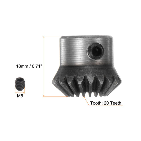 Two Piece Bevel Gear Set For Mechanisms, 1M Module, 20 Teeth, 5mm Shaft Hole, 1 To 1 Tapered Bevel Pinion Gear, Made Of 45 Steel