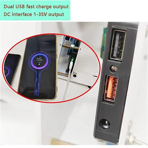 Close-up of charging ports on 100W Portable Pedal Power Generator With Dual USB Fast Charge Outputs And DC Output.