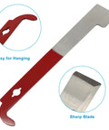 2 Pack Stainless Steel Bee Hive Scraper Tool Set, 10.5 Inch J Hook Frame Lifter showing red handle and metal blade close-up