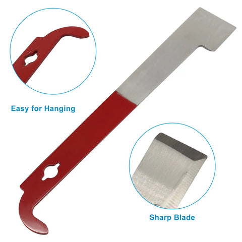 2 Pack Stainless Steel Bee Hive Scraper Tool Set, 10.5 Inch J Hook Frame Lifter showing red handle and metal blade close-up
