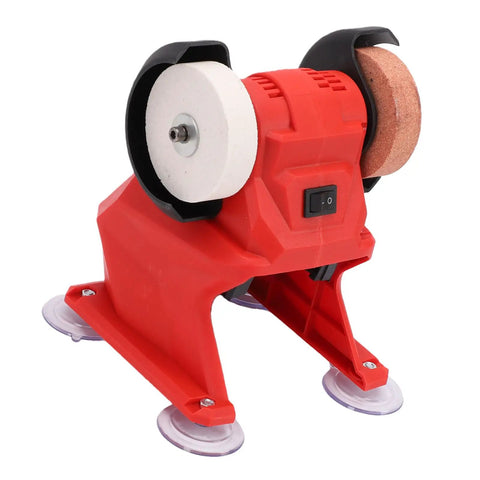 Vbestlife Mini Bench Grinder Polisher Sander With 70 Mm Wheels features red plastic body, dual wheels for sharpening and polishing.