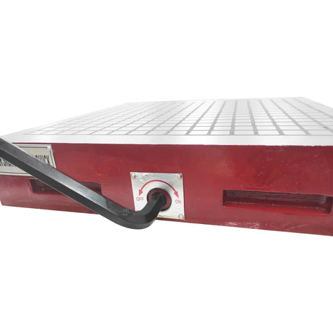 Close-up of Beefy 16x16 Inch CNC Magnetic Chuck with handle, showing on/off mechanism for surface grinders and EDM machines. Permanent magnet.