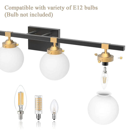 Four Light Mid Century Modern Bathroom Vanity Light Fixtures Over Mirror In Black And Gold With Milk White Glass Globes Wall Mount