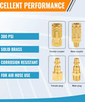 One Quarter Inch Air Compressor Quick Connect Fittings Kit 16 Piece Solid Brass Couplers And Plugs NPT with PSI and corrosion details