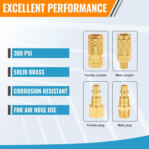 One Quarter Inch Air Compressor Quick Connect Fittings Kit 16 Piece Solid Brass Couplers And Plugs NPT with PSI and corrosion details