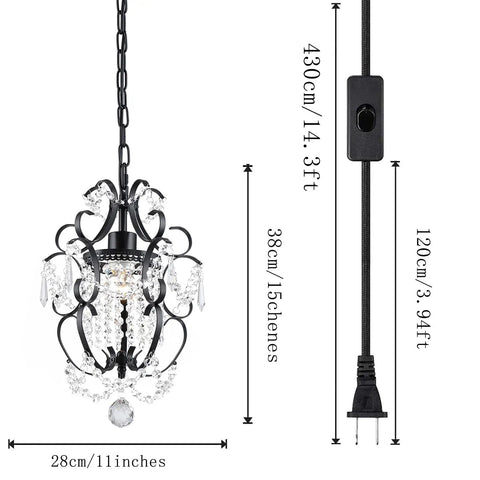 Plug In Mini Black Chandelier Hanging Light With Cord Switch Perfect For Bedroom Living Room And Dining Room Ceiling Fixture 11 Inches By 15 Inches With One Meter Chain Uses E26 Bulb Base Not Included 110V, showing dimensions and cord details.