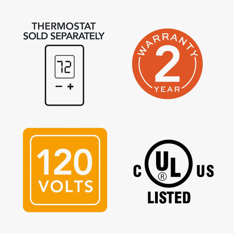 Icons showing no thermostat, 2-year warranty, 120 volts, and UL listing for Electric Wall Heater Complete Unit Without Thermostat 1500 Watt
