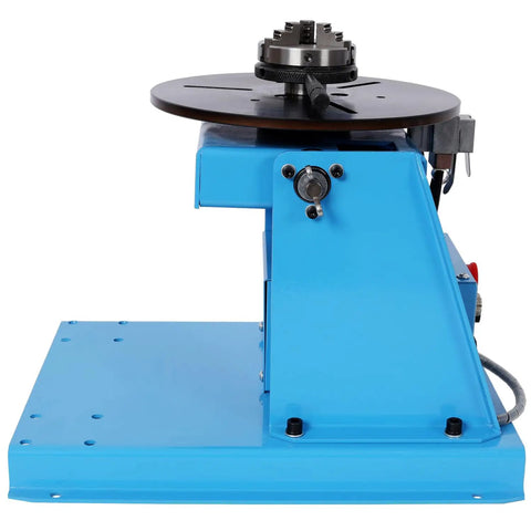 Heavy Duty Rotary Welding Positioner With Sturdy Three Jaw Chuck And Smooth Zero To Ninety Degree Tilt For No Sweat Seam Welding Runs side view showing blue structure and rotating plate.