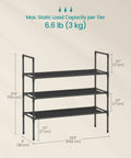 Three-Tier Shoe Rack Organizer For Hallways And Closets, slim metal frame with non-woven fabric shelves, dimensions labeled