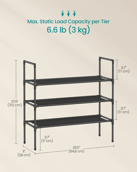 Three-Tier Shoe Rack Organizer For Hallways And Closets, slim metal frame with non-woven fabric shelves, dimensions labeled