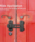 Two Pack Barn Door Lock Set With 180 Degree Flip Sliding Latches installed on a red door, suitable for barn and sliding doors.