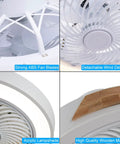 Close-up of 20 Inch Modern Wood Ceiling Fan With Light And Remote Low Profile Bladeless Ceiling Fan For Bedroom Or Living Room Dimmable 3 Color LED 6 Wind Speeds Quiet Energy Saving Indoor Fixture Easy Install showing ABS blades, wind deflector, acrylic lampshade, and wood material