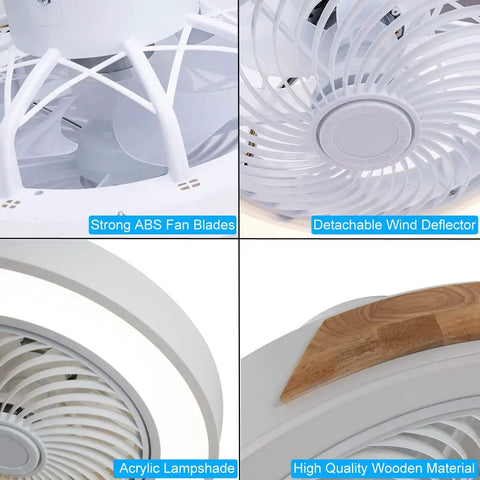 Close-up of 20 Inch Modern Wood Ceiling Fan With Light And Remote Low Profile Bladeless Ceiling Fan For Bedroom Or Living Room Dimmable 3 Color LED 6 Wind Speeds Quiet Energy Saving Indoor Fixture Easy Install showing ABS blades, wind deflector, acrylic lampshade, and wood material