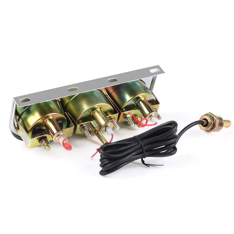Three 52mm mechanical automotive gauges kit with chrome panel and wiring for oil pressure, temperature, and ammeter