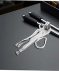 Adjustable Auto Body Sheet Metal Clamp Pliers with beefy wide flat duckbill jaws on a gray surface for precise welding and vehicle maintenance.