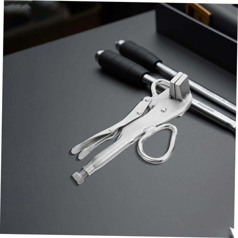 Adjustable Auto Body Sheet Metal Clamp Pliers with beefy wide flat duckbill jaws on a gray surface for precise welding and vehicle maintenance.