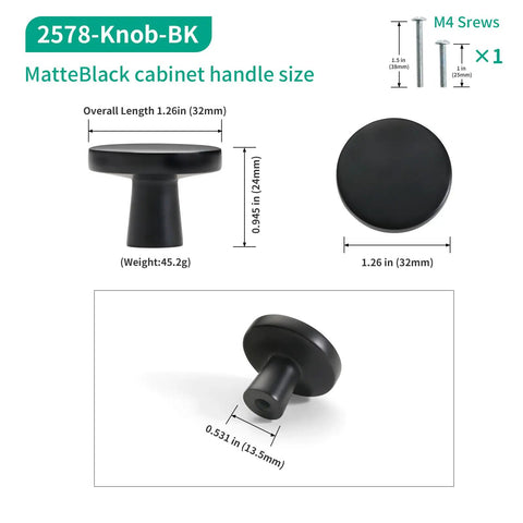 Matte Black Cabinet Knobs Set Ten Pack One And A Quarter Inch Round Solid Zinc Alloy Drawer Pulls For Kitchen Cabinets Bathrooms Vanities Dressers Cupboards Hardware, side and top view with dimensions shown