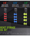 Heavy Duty Socket Organizer Set With Rails For One Quarter, Three Eighths, And One Half Inch Sockets, Secure Clip Mounts