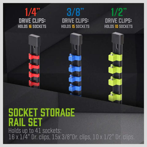 Heavy Duty Socket Organizer Set With Rails For One Quarter, Three Eighths, And One Half Inch Sockets, Secure Clip Mounts