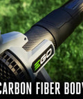Cordless Leaf Blower With Turbo Mode, 880 CFM At 200 MPH, carbon fiber body close-up, Beast Power, Variable Speed Trigger