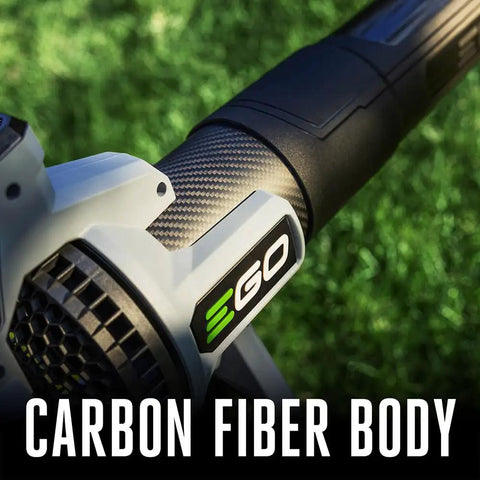 Cordless Leaf Blower With Turbo Mode, 880 CFM At 200 MPH, carbon fiber body close-up, Beast Power, Variable Speed Trigger