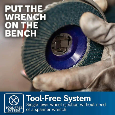 Built Different Five Inch Angle Grinder Crunches Concrete And Metal Up To 11500 RPM Using A Brutal 13 Amp Motor Paired With A Quick Change X Lock System And Ergonomic Paddle Switch For Zero Fatigue showing tool-free system for easy wheel ejection.