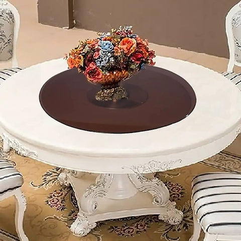 24 Inch Tempered Glass Lazy Susan Turntable with Silent Bearings on dining table, floral centerpiece on top