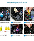 Step-by-step guide on using 140-Piece Mini Fuse Kit With Puller For Automotive Use in a vehicle's fuse box.