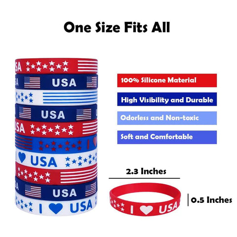 Patriotic USA Flag Silicone Wristbands Pack Of 40 For Fourth Of July Memorial Day And Veterans Day Party Favors shown in four designs.