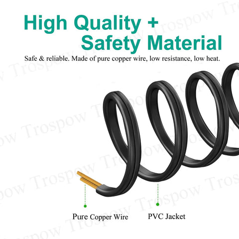 Cross-section of a black PVC jacketed cord showing pure copper wire, labeled 'High Quality Safety Material'.