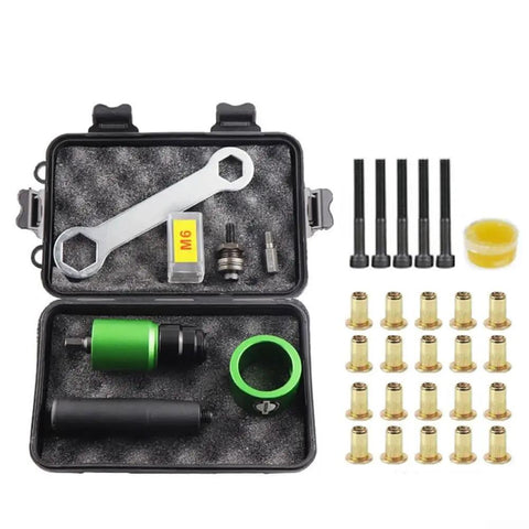 Turn Your Electric Drill Into A Rad Riveting Beast With AugustknowU Kit, Featuring 5 Mandrels And 20 Nuts For Sleek Automotive Repairs And Epic Home Improvement Projects That Make Quick Work Of Any Tough Job. compact steel electric drill rivet adapter kit with 5 mandrels and 20 nuts, case shown