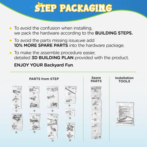 Packaging details showing parts, spare parts, and tools for Cedar Wooden Swing Set For Backyard With Monkey Bars, 2-In-1 Table.
