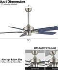 52 Inch Ceiling Fan With Remote No Light Kit Industrial Farmhouse Style For Kitchen Bedroom Living Room Nickel, dimensions shown