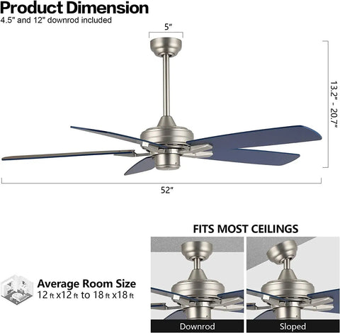 52 Inch Ceiling Fan With Remote No Light Kit Industrial Farmhouse Style For Kitchen Bedroom Living Room Nickel, dimensions shown