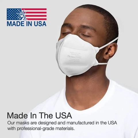 Person wearing NIOSH Certified N95 Particulate Respirator Mask Pack of 30 Made in USA with dual headbands and nose clip