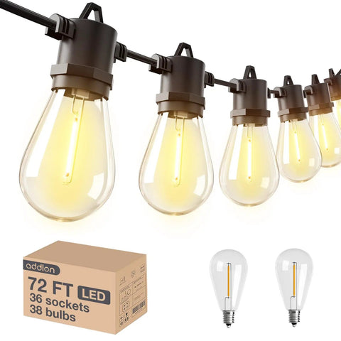 72 Ft LED Outdoor String Lights With 36 Shatterproof Edison Bulbs Heavy Duty Weatherproof Commercial Grade Patio Lighting For Deck Or Backyard Energy Saving Easy To Hang Waterproof Black shown with glowing bulbs.