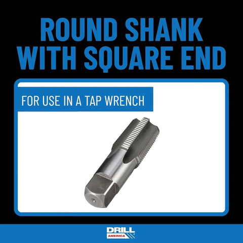 Drill America pipe tap and drill bit set, front packaging view; round shank with square end for use in a tap wrench