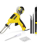 60W Automatic Soldering Gun Kit with Ceramic Heater, featuring desoldering pump, 5 tips, 2 tweezers, and soldering wires for PCB repair