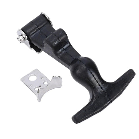 Elastic Stainless Steel Rubber Hood Catch Set with T Handle and brackets, shown in black rubber and stainless steel design.