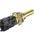 Bosch engine coolant temperature sensor with brass threaded body and black plastic connector, side view.