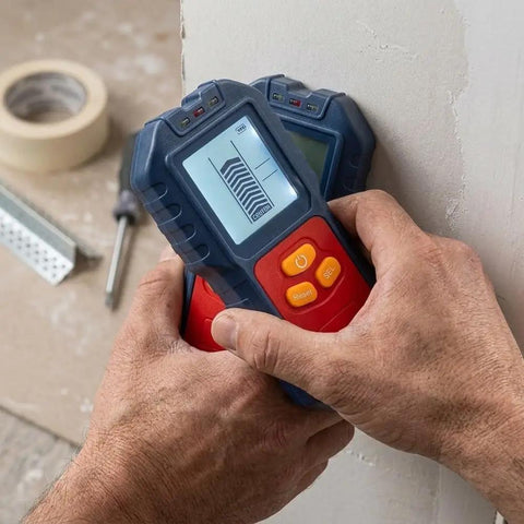 For Stud Finder Wall Scanner,5-in-1 Tester for stud Finder Metal Wire LCD held against wall, displaying wood stud detection.
