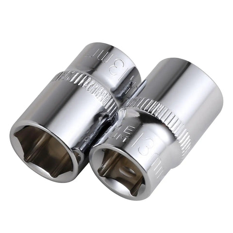Eight Piece 13mm Shallow Sockets Set With 3/8 Inch Drive, 6 Point Design, chrome finish, close-up view of two sockets