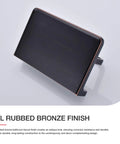 Close-up of oil rubbed bronze wall mount toilet paper holder with phone shelf and storage, zinc construction, modern design.