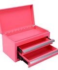 Pink Mini Toolbox Featuring Two Smooth Pullout Drawers And Heavy Duty Iron Frame Compact Portable Gear Case Rig Ready For Job Sites Craft Tables And Mobile Workshop Hella Tough with two open drawers.