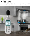 Noise level meter showing measurement in kitchen with 42 Inch Under Cabinet Range Hood With 900 CFM Dual Motors in background
