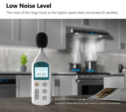 Noise level meter showing measurement in kitchen with 42 Inch Under Cabinet Range Hood With 900 CFM Dual Motors in background