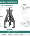 Rock Solid Hydraulic Gear Puller And 3 Jaw Bearing Extractor With Large 16 Inch Crank, showing switchable claws and dimensions.