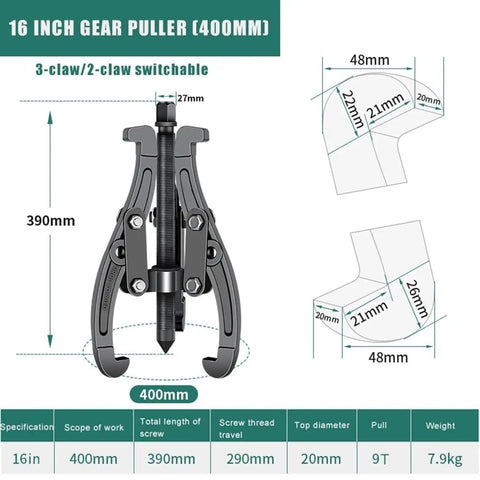 Rock Solid Hydraulic Gear Puller And 3 Jaw Bearing Extractor With Large 16 Inch Crank, showing switchable claws and dimensions.