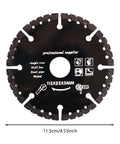 4.5 inch diamond cutting wheel for angle grinder, showing measurement and cut types, heavy-duty disc for tile, stone, metal.